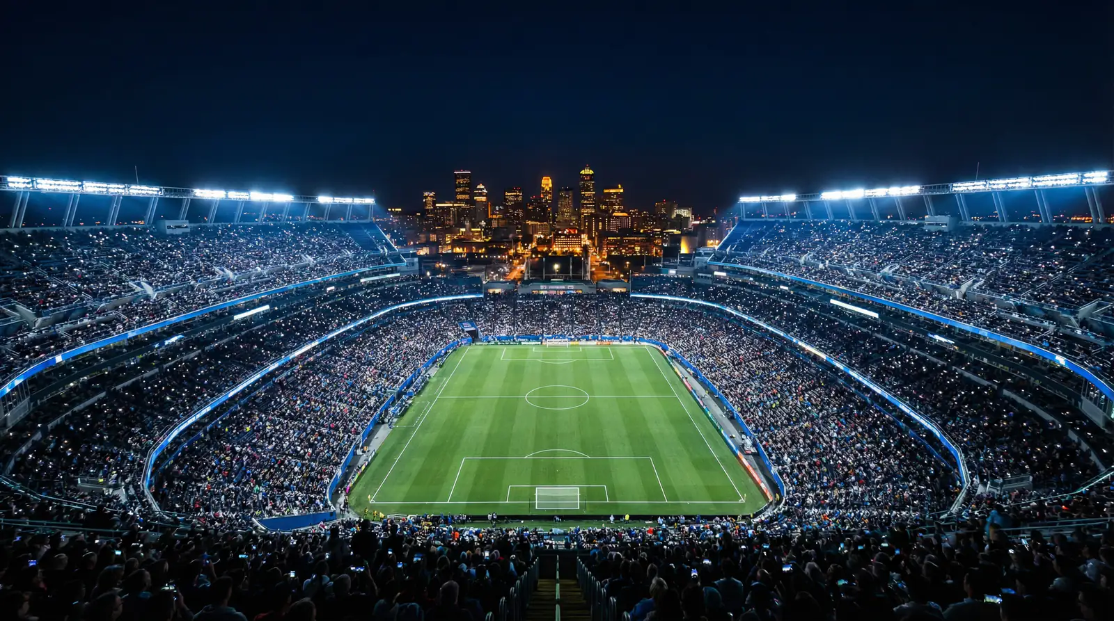 Estadio de fútbol moderno iluminado con focos potentes durante un partido nocturno con el césped verde intenso