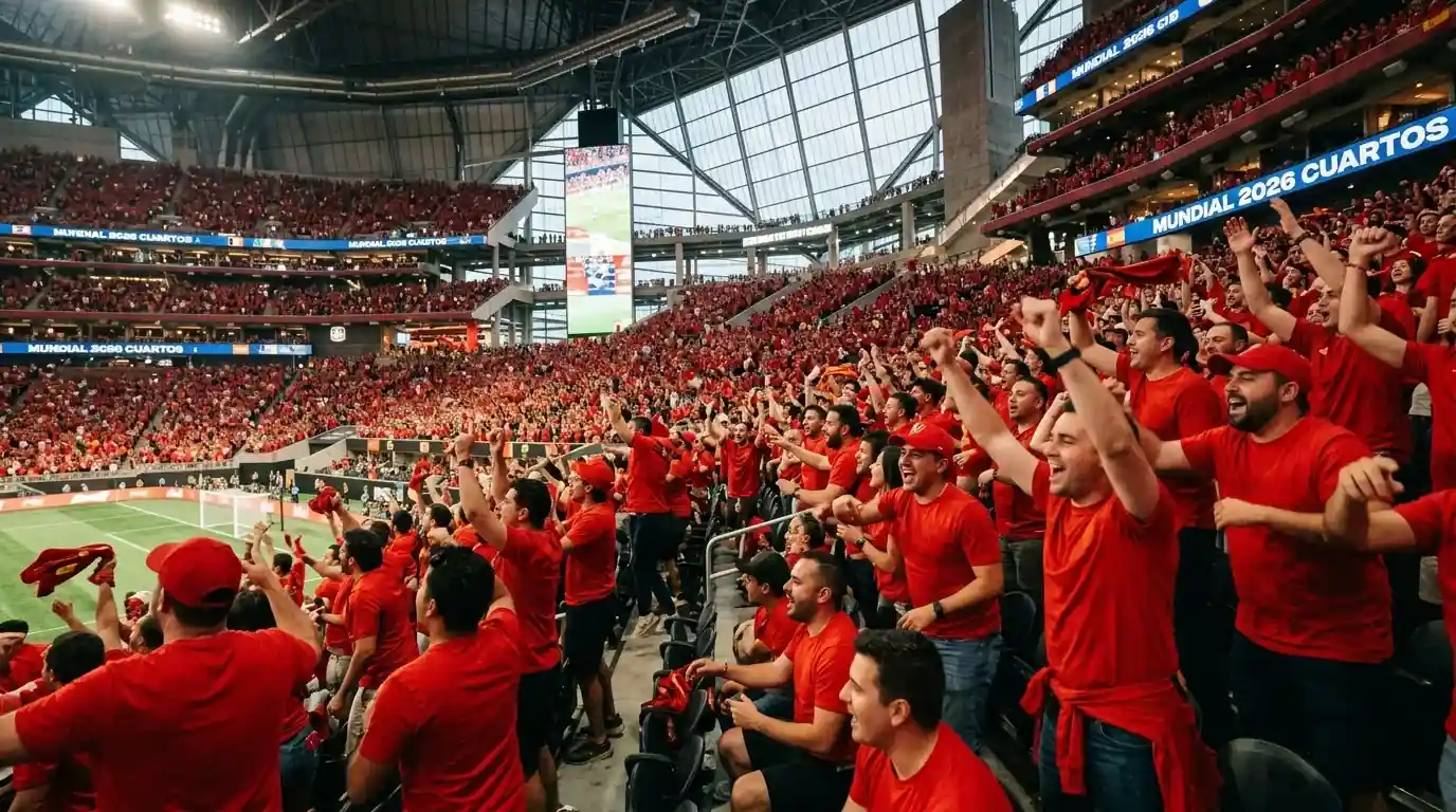 Aficionados con la camiseta roja de España animando en la grada de un moderno estadio estadounidense antes de un partido de cuartos de final del Mundial