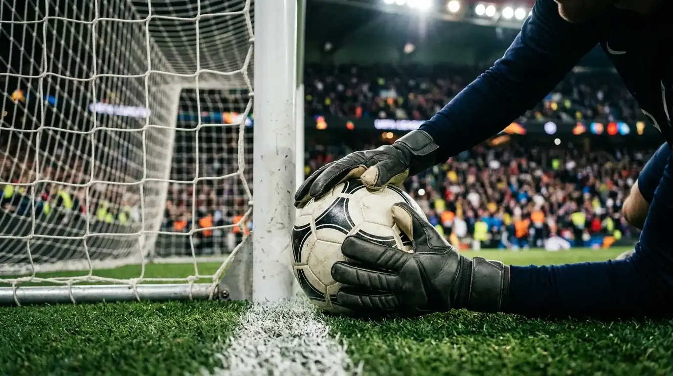 Guantes de un portero sujetando el balón sobre la línea de gol en un estadio iluminado, símbolo de la portería a cero