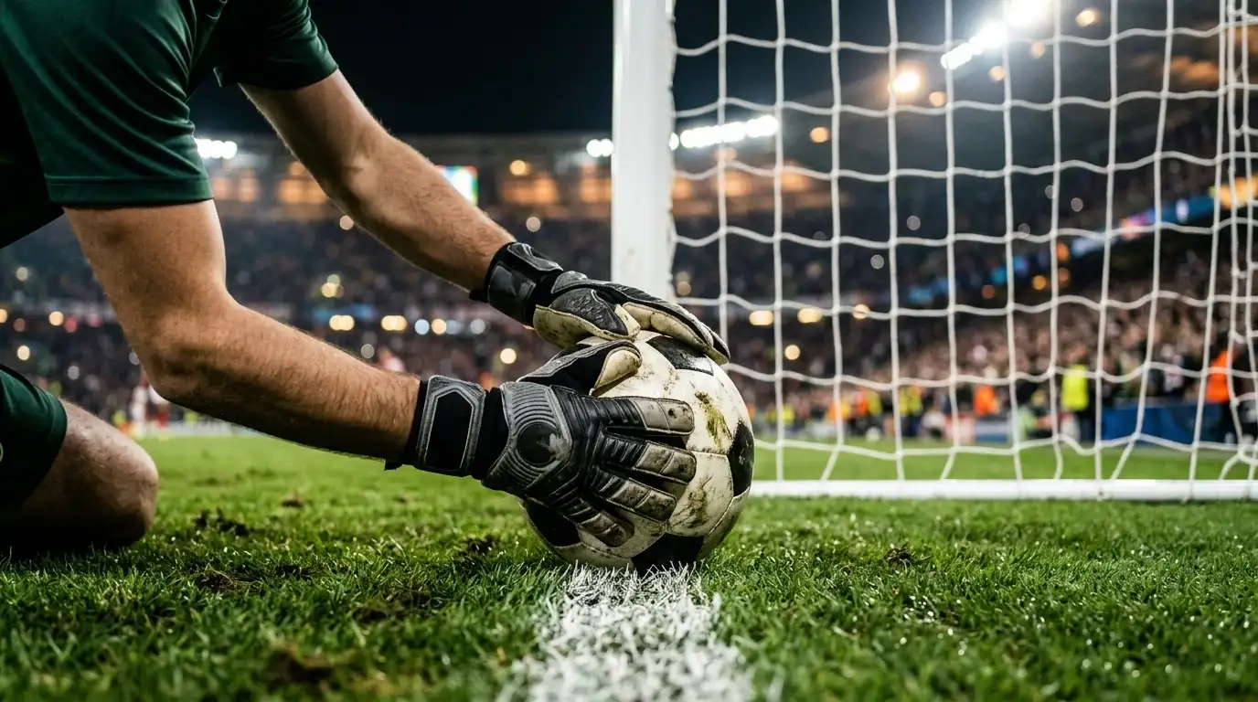 Guantes de un portero atrapando el balón sobre la línea de gol en un estadio iluminado de noche, símbolo de la portería a cero