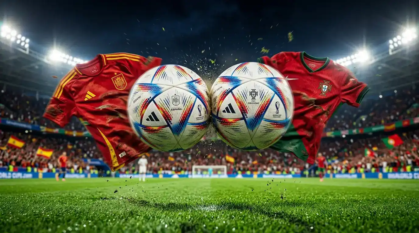 Detalle de un balón de fútbol sobre el verde de un estadio americano al atardecer, con banderas española y portuguesa al fondo desenfocadas