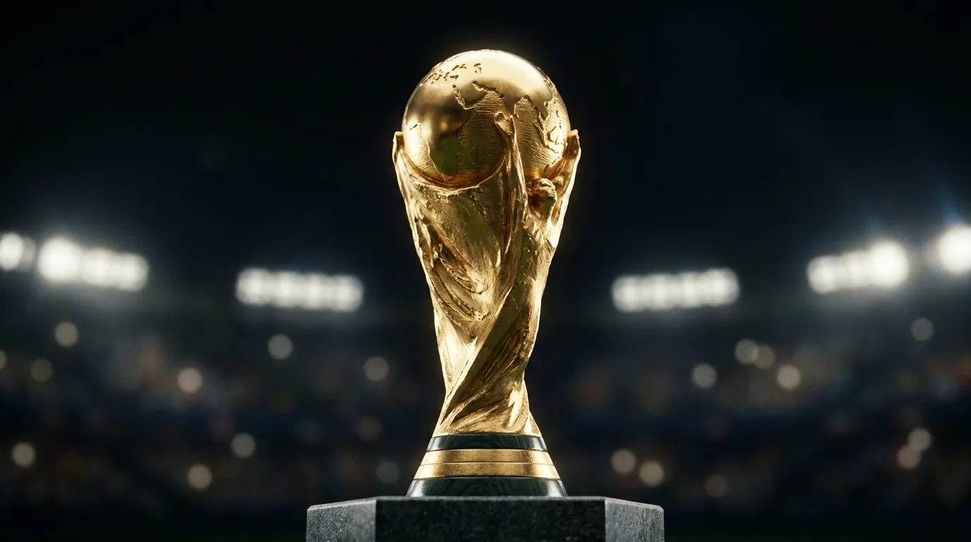 Trofeo dorado de fútbol iluminado sobre un fondo oscuro con desenfoque de luces de estadio, simbolizando la lucha por el título del Mundial