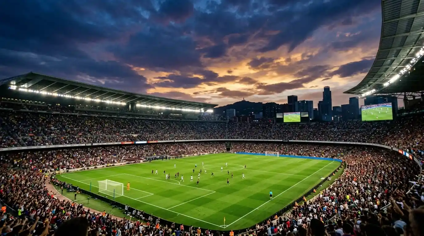 Estadio al aire libre iluminado al anochecer en una gran noche de eliminatoria del Mundial, gradas llenas y césped iluminado