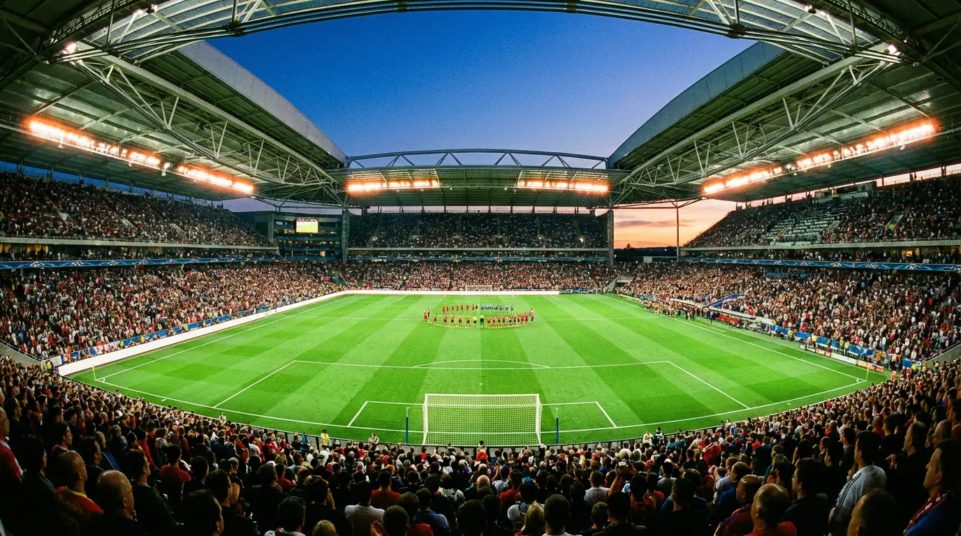 Vista panorámica de un gran estadio de fútbol iluminado durante un partido nocturno del Mundial 2026