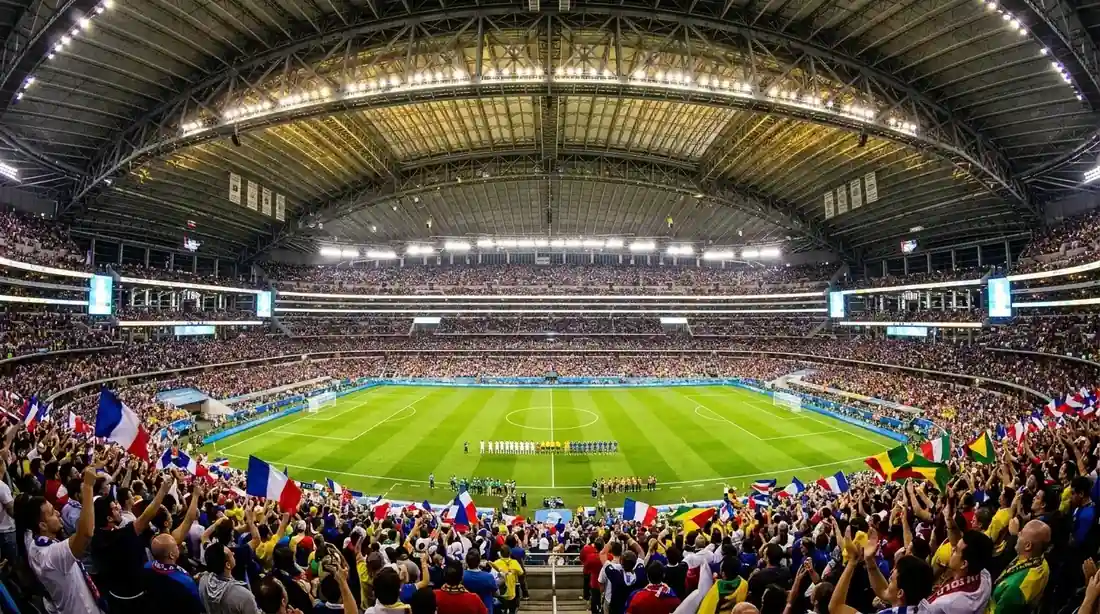 Interior de un moderno estadio con cúpula estadounidense con el techo cerrado y focos encendidos, gradas llenas ondeando banderas antes de una semifinal del Mundial