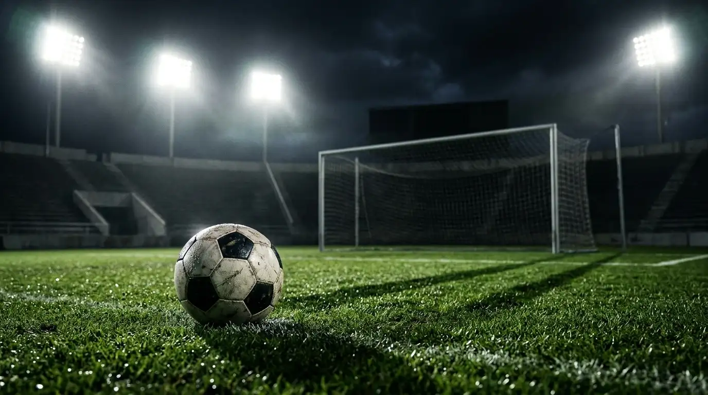Balón sobre el césped iluminado de un estadio de noche con largas sombras, portería desenfocada al fondo, ambiente de partido eliminatorio