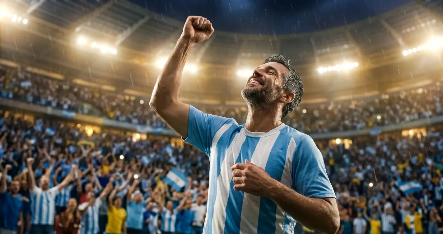 Primer plano de un futbolista veterano levantando el brazo en señal de récord en un estadio del Mundial