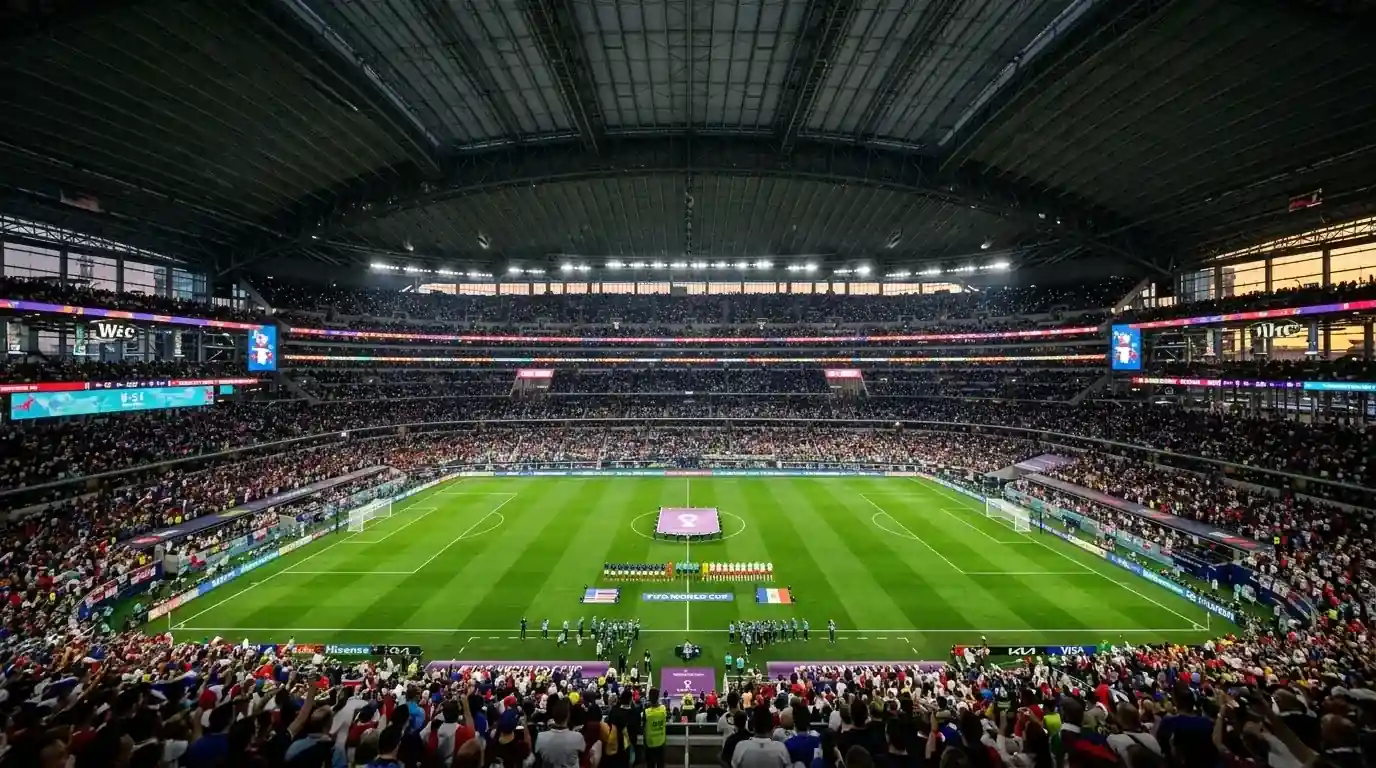 Estadio con cúpula estadounidense al anochecer con el techo cerrado y los focos encendidos, gradas llenas y el césped iluminado antes de una semifinal del Mundial