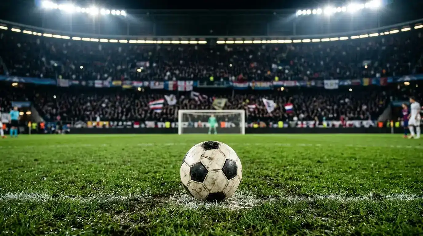 Balón sobre el punto de penalti de un campo iluminado de noche, con las gradas llenas desenfocadas al fondo, ambiente de partido eliminatorio