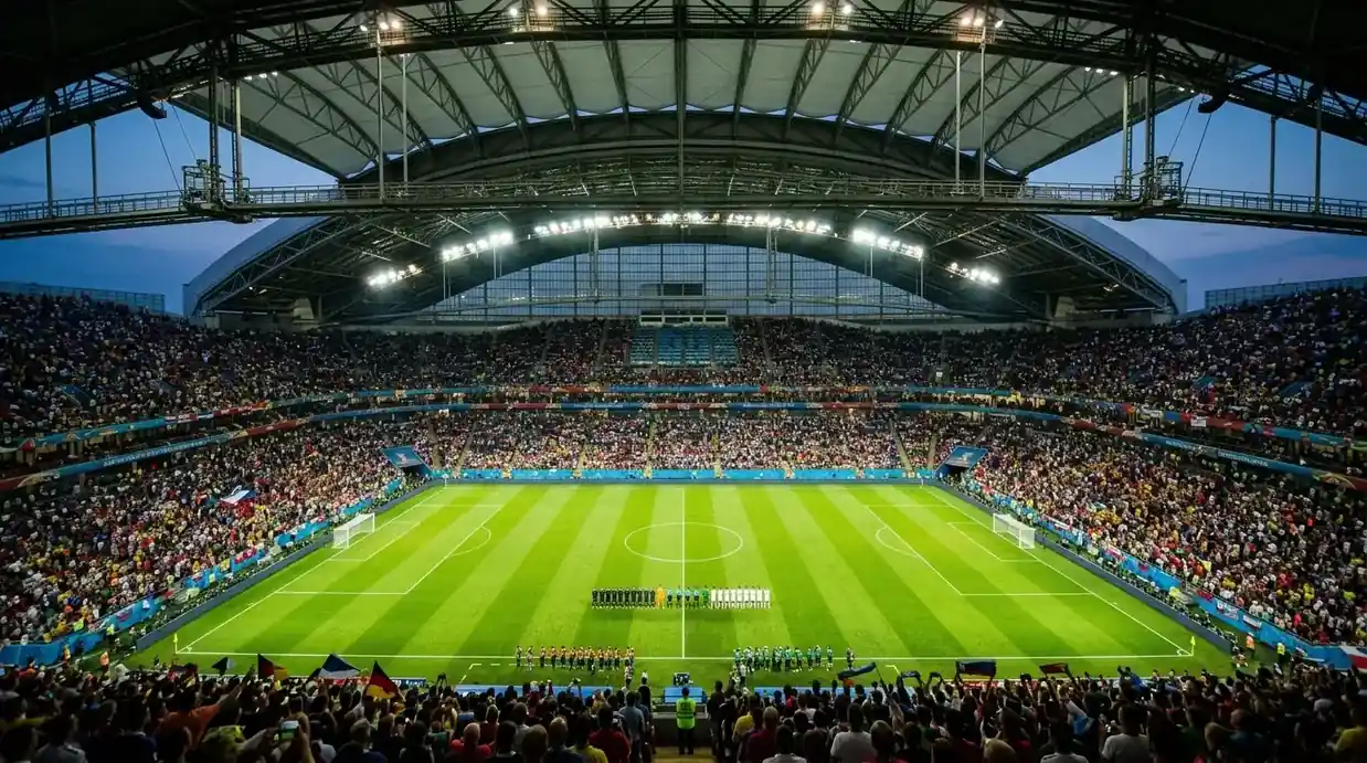 Estadio con cúpula estadounidense al anochecer con el techo cerrado y los focos encendidos, gradas llenas y césped iluminado antes de una semifinal del Mundial