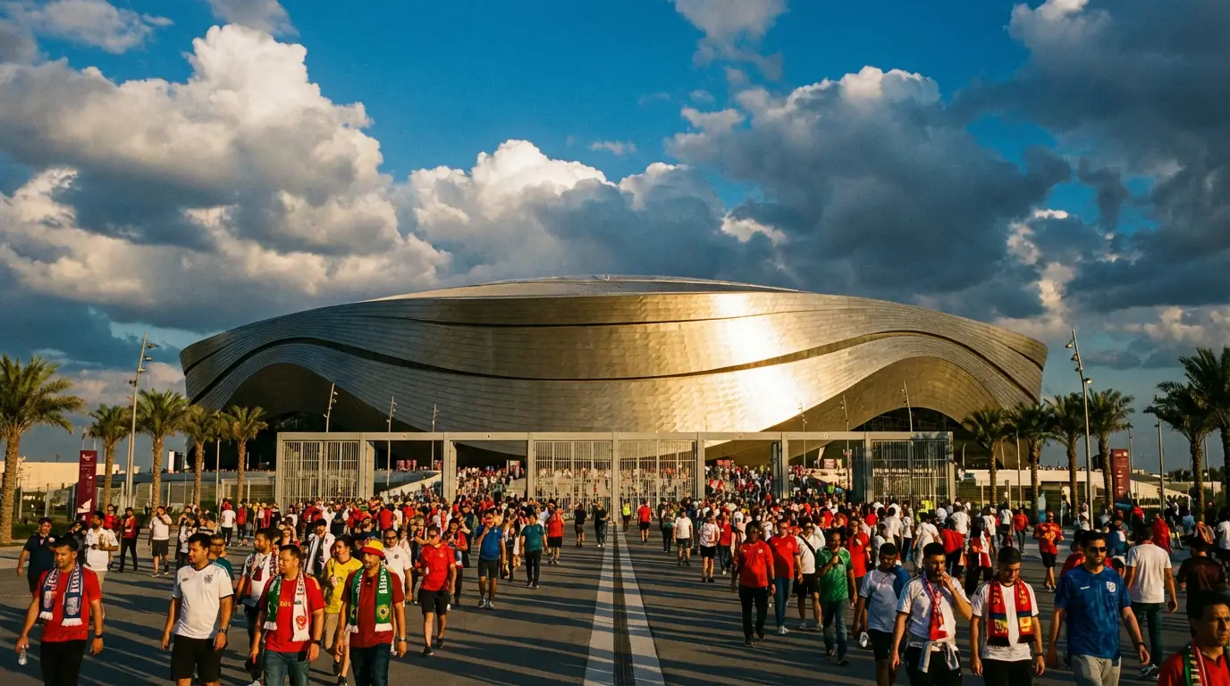 Fachada exterior de un estadio de fútbol moderno con arquitectura imponente y aficionados llegando antes del partido